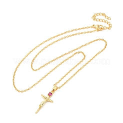Religion Brass Pave Deep Pink Cubic Zirconia Jesus Cross Pendant Necklaces&nbsp;NJEW-L184-01G