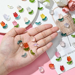 100個2スタイルの透明ガラスビーズ  チューリップの花/葉  ミックスカラー  12~13.5x6~10x4.5~7mm  穴：1~1.2mm  50個/スタイル&nbsp;GLAA-YW0003-44
