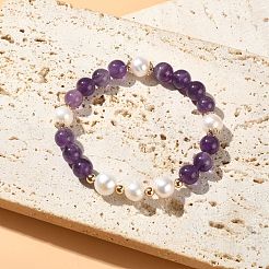 Natural Amethyst & Pearl Beaded Stretch Bracelet for Women&nbsp;BJEW-JB09384-03