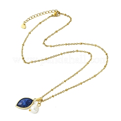 Natural Lapis Lazuli Faceted Horse Eye & Natural Pearl Pendant 304 Stainless Steel Satellite Chain Necklaces for Women&nbsp;NJEW-JN06057-01