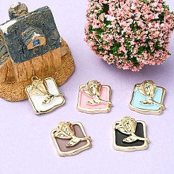 ラックメッキ合金エナメルペンダント5個。  カドミウムフリー＆鉛フリー  バラの長方形  ミックスカラー  21.5x19x6mm  穴：1.6mm&nbsp;ENAM-YW0002-46