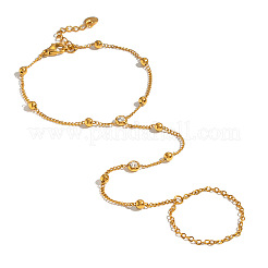 304 Stainless Steel Pave Clear Cubic Zirconia Flat Round Hand Chain Finger Ring Bracelets for Women&nbsp;OK9358