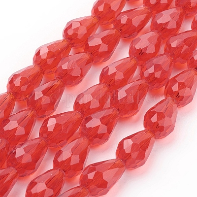ガラスビーズ連売り  多面カット  ティアドロップ  レッド  15x10mm  穴：2mm  約48個/連  27.56インチ（70cm）&nbsp;GLAA-R024-15x10mm-14-1