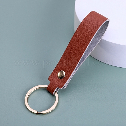 Puレザーキーホルダー  メタルキーリング付き  長方形  サドルブラウン  8.8x1.8cm&nbsp;LS-PW-WG22473-02-1