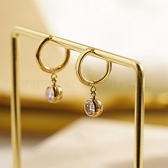 Cubic Zirconia Flat Round Dangle Earrings, 304 Stainless Steel Earrings, Golden, 25mm