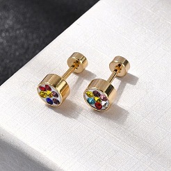 304ステンレススチールフラットラウンドスタッドピアス  ポリマークレイラインストーン付き  ゴールドカラー  カラフル  6mm&nbsp;EJEW-F396-03G-02