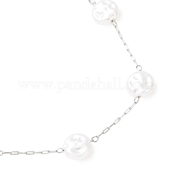 304 Stainless Steel with ABS Plastic Pearl Flat Round Bead Cable Chain Necklaces for Women&nbsp;NJEW-G190-03P