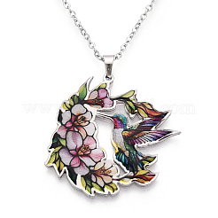 Printed 304 Stainless Steel Enamel Flower & Bird Pendant Necklaces&nbsp;NJEW-N063-03P