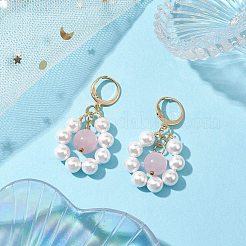 シェルパール＆キャットアイフレンチフックピアス  304ステンレススチールピアスフック付き  花  ゴールドカラー  40x24mm&nbsp;EJEW-JE05919