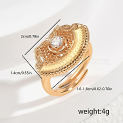 女性用真鍮パヴェキュービックジルコニア調節可能指輪  扇形  ゴールドカラー  透明  20x14mm&nbsp;GF5911-1
