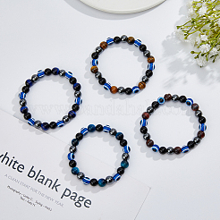 4Pcs 4 Colors Evil Eye Dyed Natural Tiger Eye & Black Agate Round Beaded Stretch Bracelets Set&nbsp;BJEW-FI0001-44