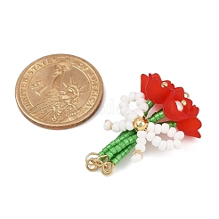 蝶結びのペンダントが付いた手作りのガラスビーズの花  304ステンレススチールのアイピンループとアクリル付き  レッド  37.5x27x19mm  穴：2mm&nbsp;PALLOY-MZ00753-03
