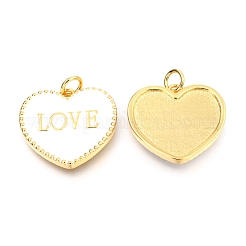 真鍮製エナメルペンダント  長持ちメッキ  18KGP本金メッキ  丸カン付き  バレンタインデーの  単語「love」付けのハート  ホワイト  17.5x20x2.5mm  穴：3mm&nbsp;KK-B027-03G-D