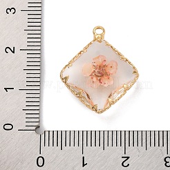 真鍮製の樹脂ペンダント  ドライフラワーと  本物の14kメッキ  長持ちメッキ  菱形  桃パフ  22x19x7.5mm  穴：1.8mm&nbsp;KK-U042-16G-02