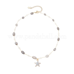 Brass Handmade Natural Labradorite Nuggets Link Chain Alloy Light Grey Enamel Starfish Pendant Necklaces for Women&nbsp;NJEW-JN05366-01