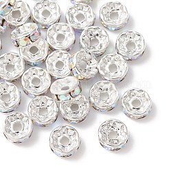 真鍮製ラインストーンスペーサービーズ  グレードA  ストレートフランジ  ロンデル  銀  クリスタルAB  8x3.8mm  穴：1.5mm&nbsp;RB-YW0001-04D-02S