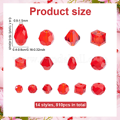 810個、14種類のファセットガラスビーズ  混合図形  レッド  4x4mm  穴：1mm&nbsp;GLAA-ME0001-09