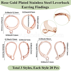 60個 3スタイル 304ステンレススチール フレンチフックピアス金具  カン付き  ローズゴールド  14.5~16.5x10~12.5x1.5~2mm  20個/スタイル&nbsp;STAS-BBC0008-30A
