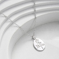 925 Sterling Silver Oval with Engraved Rose Flower Pendant Necklaces for Women&nbsp;NJEW-D316-03P