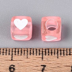スプレー塗装透明アクリルビーズ  ハートを持つキューブ  ピンク  7x6.5x6.5mm  穴：3.8~4mm  約2270個/500g&nbsp;OACR-N140-02E