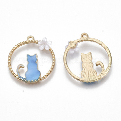 合金ペンダント  エナメルと樹脂で  猫の形とリングが付いた丸いリング  ゴールドカラー  ライトスカイブルー  24.5x22x3mm  穴：1.5mm&nbsp;ENAM-S120-003B