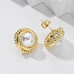 真鍮製スタンドピアス  ABSの模造パールと  鉛フリー＆カドミウムフリー  長持ちメッキ  ラックめっき  半円  18KGP本金メッキ  17x17mm&nbsp;EJEW-R016-18G