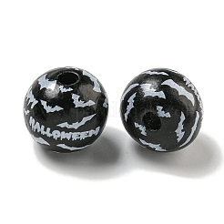 プリントウッドヨーロピアンビーズ  ハロウィンテーマビーズ  ラウンド  ブラック  19~20mm  穴：4mm&nbsp;WOOD-G022-08B-15
