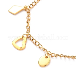 304ステンレススチールチャームアンクレット  カーブチェーンとカニカン付き  ゴールドカラー  9-1/4インチ（23.6cm）&nbsp;AJEW-AN00342