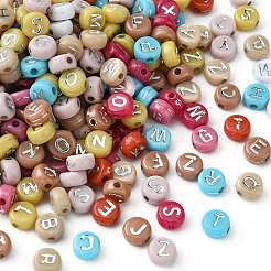 不透明な混合色のアクリルビーズ  ライン入り  ランダムな文字でフラットラウンド  銀メッキ  7x4mm  穴：1.8mm&nbsp;MACR-YW0002-48B