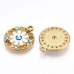 304ステンレススチールラインストーンペンダント  花付きフラットラウンド  イオンプレーティング（ip）  18KGP本金メッキ  カラフル  20x17.2x4mm  穴：1.6mm&nbsp;STAS-T064-52