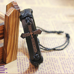 Adjustable Cross with Word Iron Braided Leather Cord Bracelets&nbsp;BJEW-P0001-02B