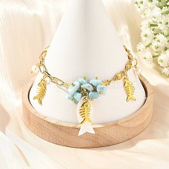 Ocean Alloy Fish Multi-Charm Bracelets with Natural Larimar Chip Beads&nbsp;BJEW-JB14272