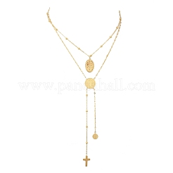 宗教 304 ステンレススチール クロス 聖ベネディクト タッセルペンダント ダブルレイヤーネックレス  ゴールドカラー  15.94インチ（40.5cm）&nbsp;NJEW-C112-01G