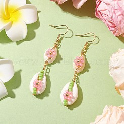 カワラヒワの花のダングルイヤリング  シードビーズと304ステンレススチールのピアスフック付き  ゴールドカラー  ピンク  70x14~15.5mm&nbsp;EJEW-MZ00250-01