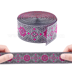 エスニック風刺繡ポリエステルリボン  服飾材料  花柄  白黒の模様  ショッキングピンク  33mm&nbsp;SRIB-WH0007-02A