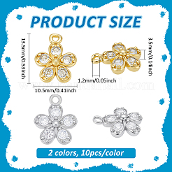 キュービックジルコニアチャーム付き真鍮20色2個  花  プラチナ·ゴールデン  13.5x10.5x3.5mm  穴：1.2mm  10個/カラー&nbsp;KK-PH0012-42
