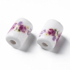 花柄プリントの磁器ビーズ  花柄の円柱型セラミックビーズ  暗い蘭  12.5x8.5mm  穴：3mm&nbsp;PORC-T007-13