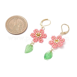 304 ステンレススチール製フラワーとリーフのフレンチフックピアス  ガラスシードビーズ、ナイロンワイヤー、アクリルチャーム付き  ゴールドカラー  ピンク  56x18mm&nbsp;EJEW-MZ00456-01