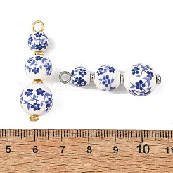 プリントされた手作りの磁器ペンダント  真鍮＆鉄のパーツと  花のチャームが付いた円形  ミックスカラー  藤紫色  38x12mm  穴：3mm  約2個/セット&nbsp;PALLOY-JF06051