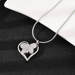 304 Stainless Steel Micro Pave Clear Cubic Zirconia Butterfly Heart Pendant Pet Urn Ashes Necklaces&nbsp;LS-NJEW-S455-10P