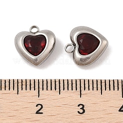 304ステンレススチールマイクロパヴェキュービックジルコニアチャーム  プラチナ  ハート  レッド  10.5x10x5mm  穴：1.4mm&nbsp;STAS-S131-17P-03