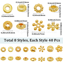 320個8スタイルチベットスタイルアロイスペーサービーズ  混合図形  ゴールドカラー  6~8x2~4mm  穴：1~2.5mm  40個/スタイル&nbsp;FIND-SC0020-27
