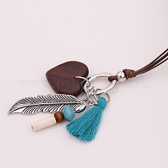 Boho Alloy Feather & Wood Heart Tassel Pendant Cotton Cord Necklaces for Women&nbsp;WG12080-01
