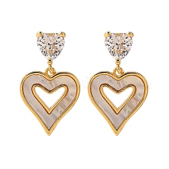 Heart Brass Micro Pave Clear Cubic Zirconia Dangle Stud Earrings&nbsp;KK-D363-12D-G