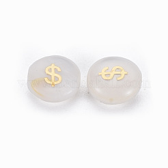 天然淡水シェルビーズ  金メッキ真鍮金属装飾付き  マーク付きフラットラウンド$  貝殻色  8x4.5mm  穴：0.6mm&nbsp;LS-SHEL-N003-22-03