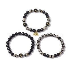 3個 3スタイル 8mm ラウンド天然チベット 3目 ジ瑪瑙 & 目なし黒曜石ビーズ ストレッチブレスレットセット  ゴールデントーンの象の合金チャームの重ね付け可能なブレスレット、女性と男性用  ブラック  内径：2-1/8インチ（5.5cm）  1個/スタイル&nbsp;BJEW-JB10336