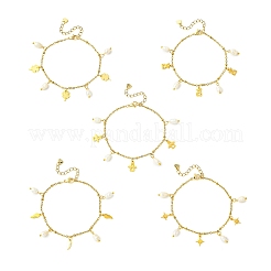 304 Stainless Steel & Electroplated Glass Natural Cultured Freshwater Pearl Charm Bracelets&nbsp;BJEW-JB13978