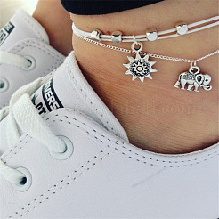 Sun & Elephant Alloy Charm Waxed Cord Double Layer Anklets for Women&nbsp;FS-WG1794C-01