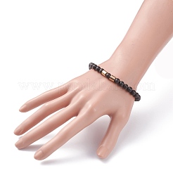 Natural Wood Round Beaded Stretch Bracelet with Synthetic Hematite for Men Women&nbsp;BJEW-JB07549