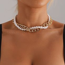 Imitation Pearl Round Beaded and Alloy Twisted Chain Braided 2-Strand Necklaces for Women&nbsp;WG9B514-01